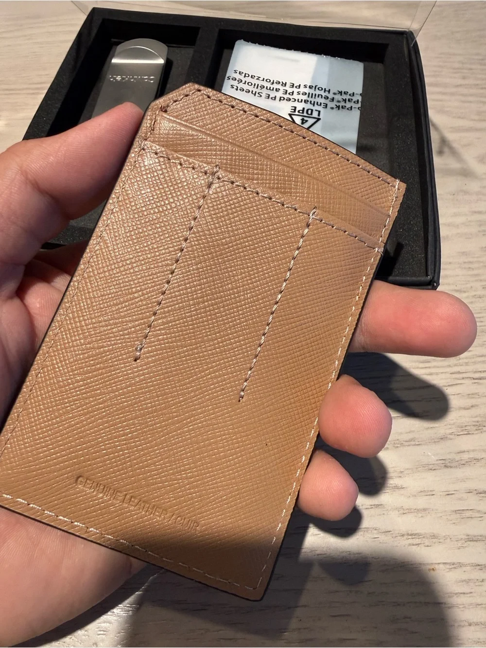 Calvin Klein Leather Card & Money Clip Set in Tan and Silver